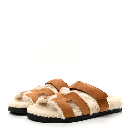 Hermes Suede Goatskin Woolskin Womens Chypre Sandals 39 Brun Fume Ecru 3 of 8