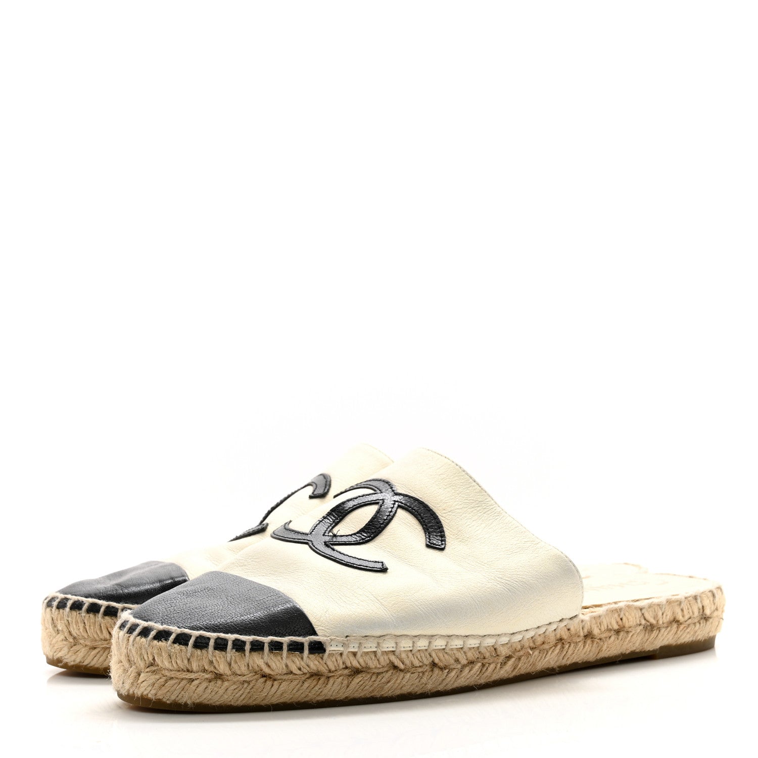 Chanel Iridescent Goatskin CC Espadrille Mules 40 Ivory Black 3 of 10
