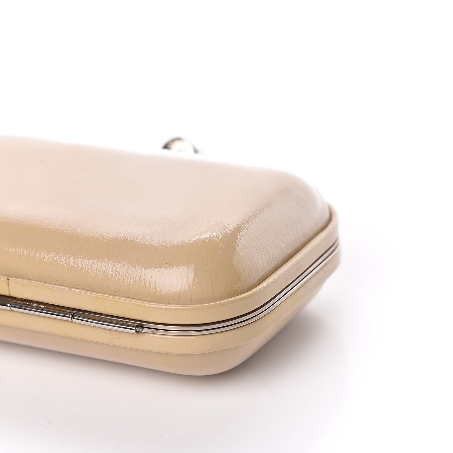 Patent Calfskin Skull Box Clutch Beige