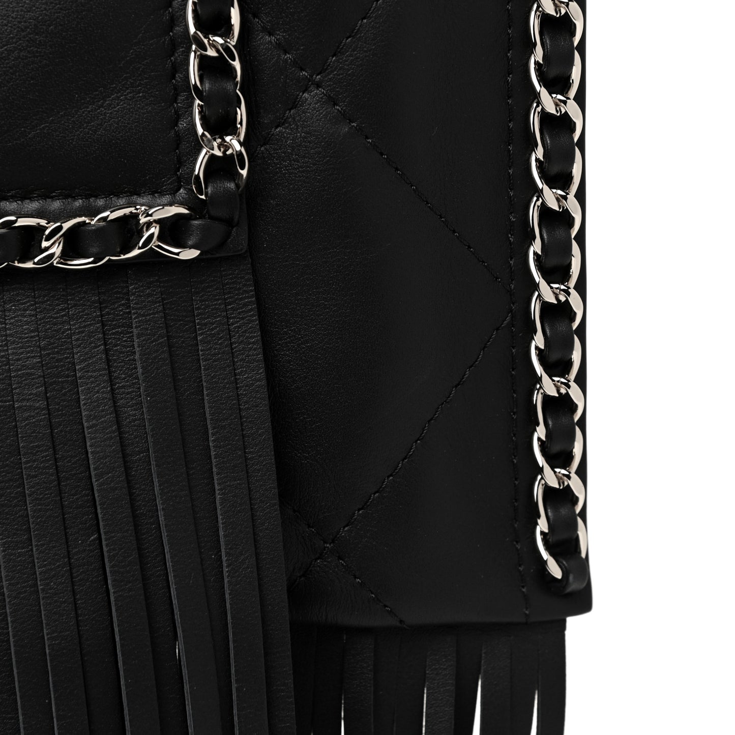 Calfskin Quilted Fringe Shopping Bag Black