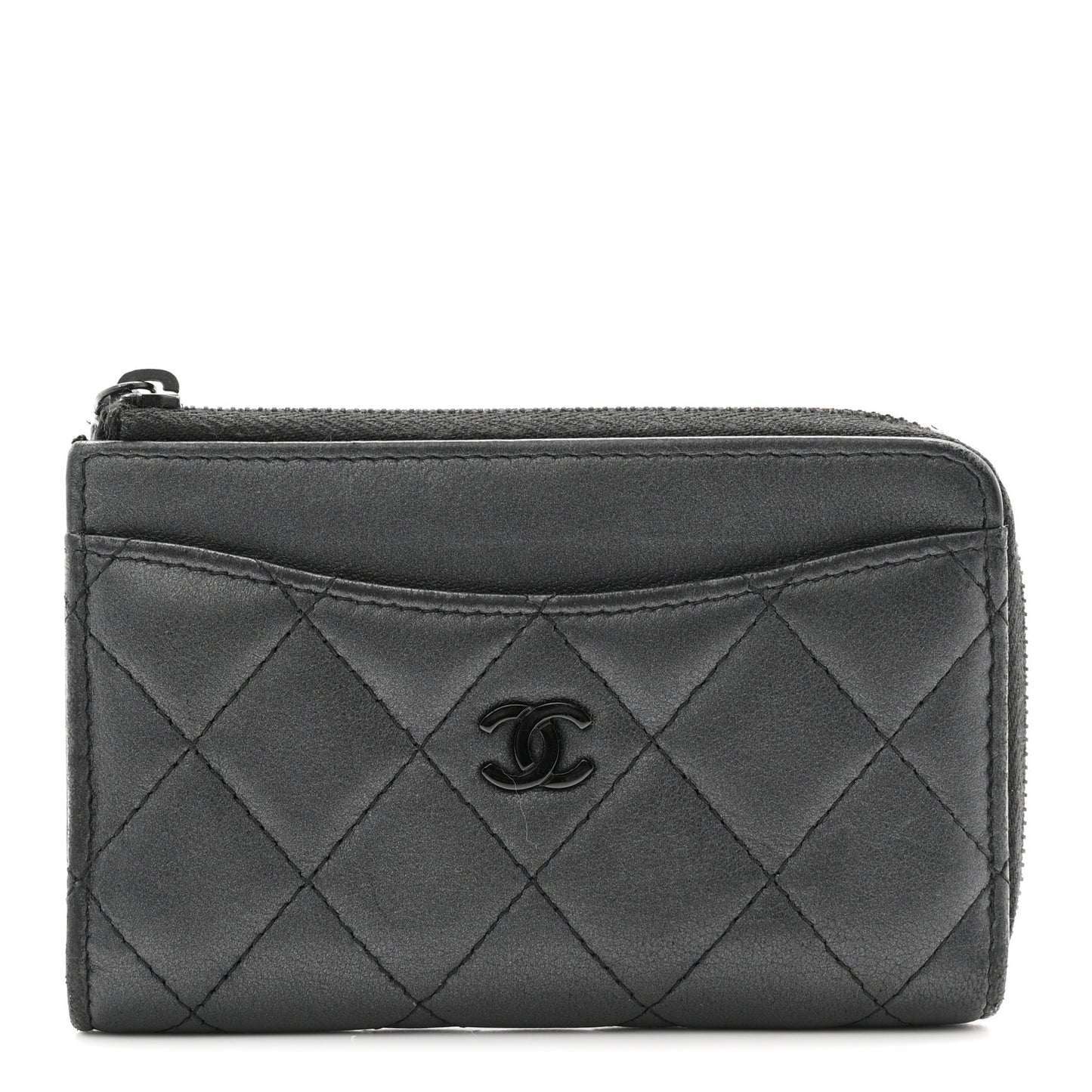 Pearly Lambskin Quilted Zip Card Holder So Black