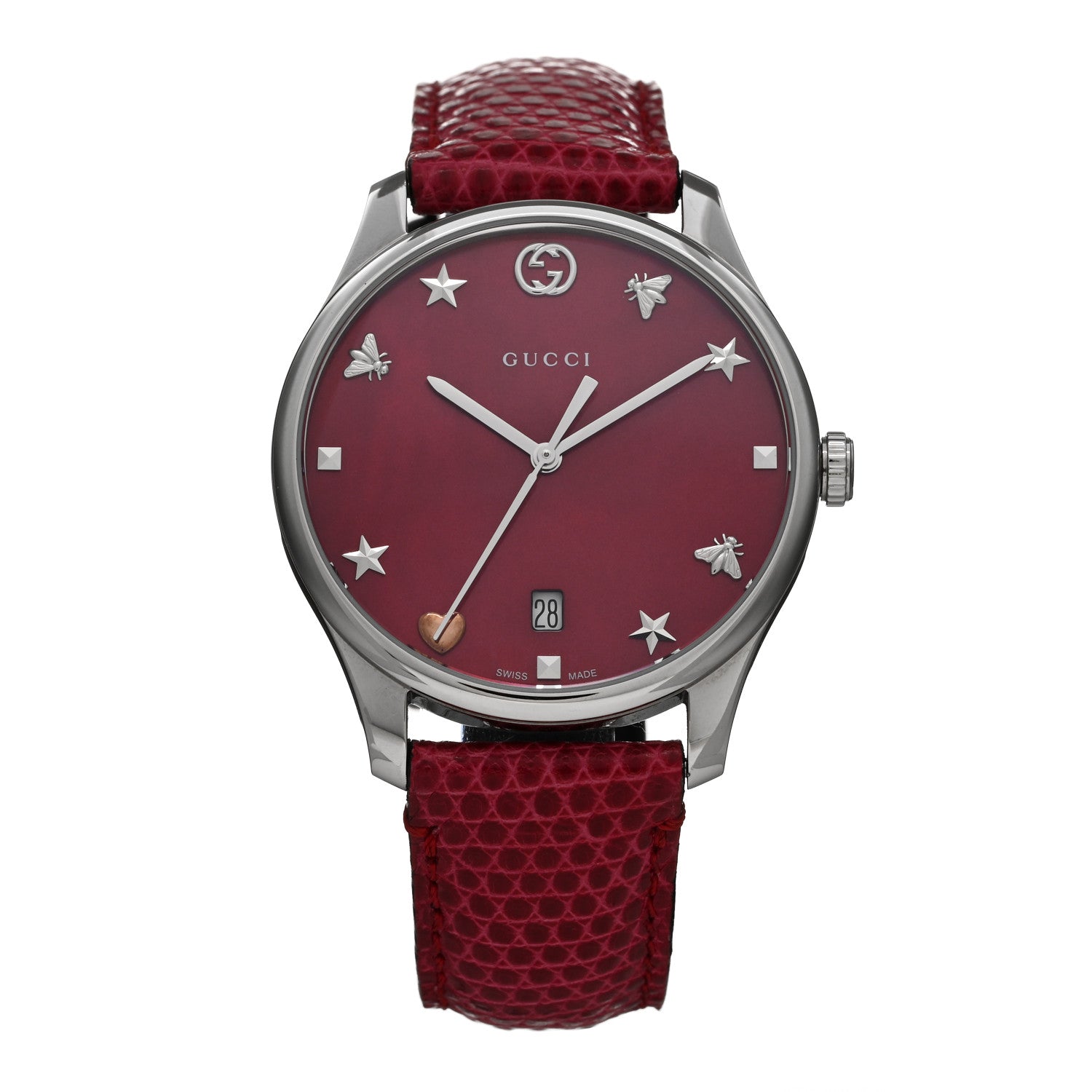 Gucci Stainless Steel Lizard Red Mother of Pearl 36mm G-Timeless Charm Quartz Watch 1 of 4