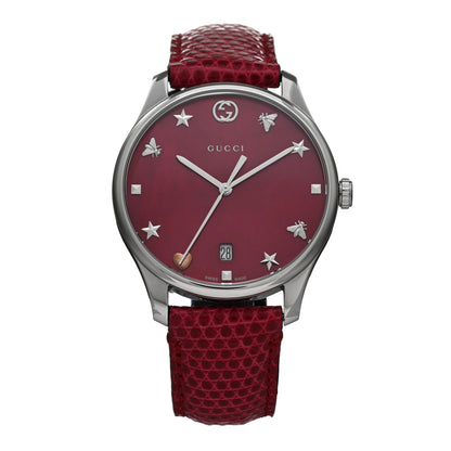 Gucci Stainless Steel Lizard Red Mother of Pearl 36mm G-Timeless Charm Quartz Watch 1 of 4