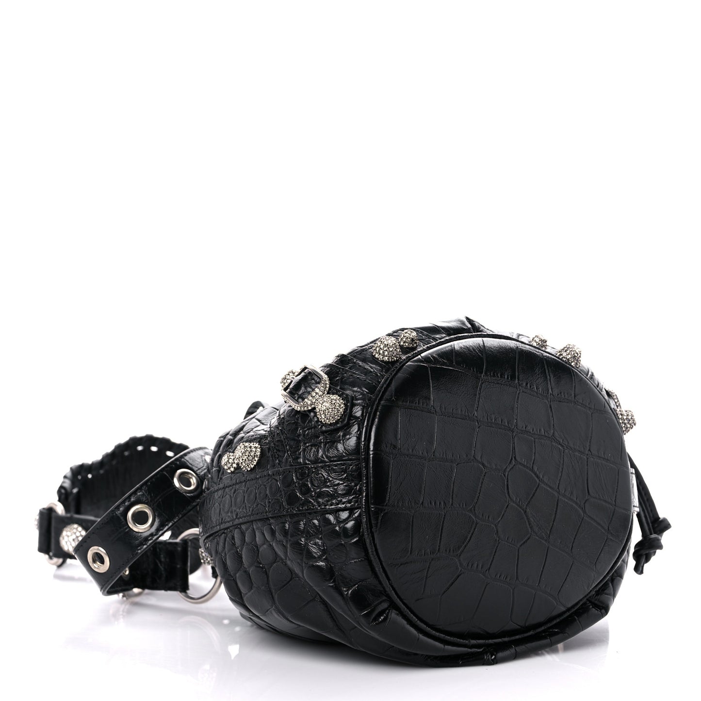 Extra Supple Calfskin Crystal Crocodile Embossed Le Cagole Bucket Bag XS Black