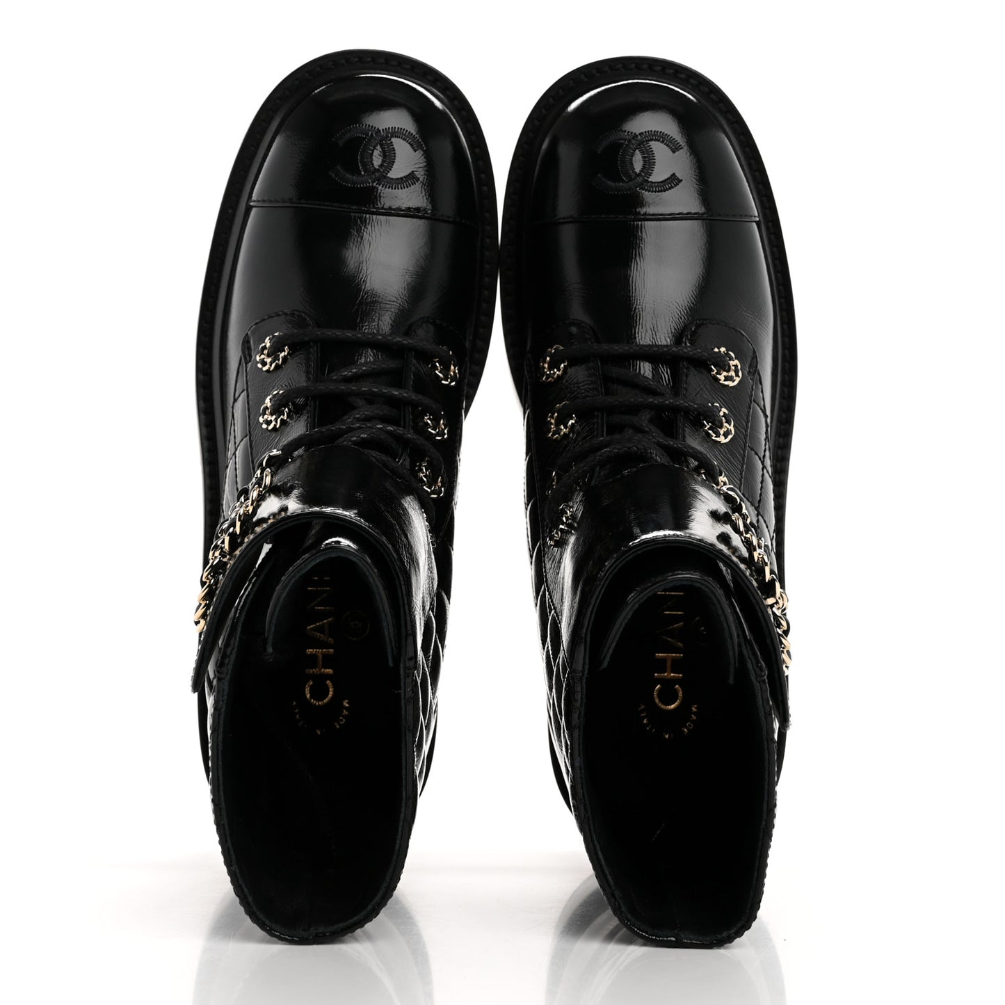 Shiny Calfskin Quilted Lace Up Combat Boots 38 Black