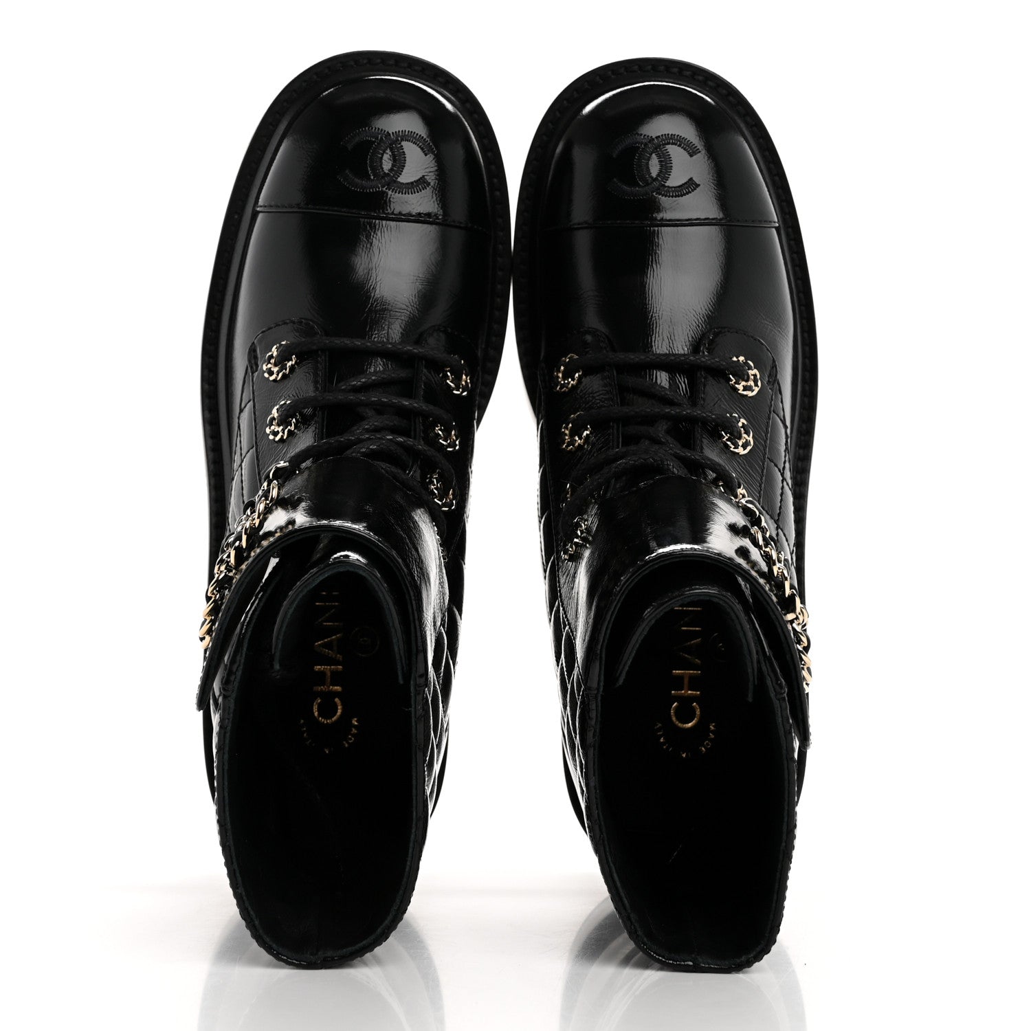 Chanel Shiny Calfskin Quilted Lace Up Combat Boots 38 Black 2 of 10