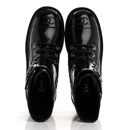 Chanel Shiny Calfskin Quilted Lace Up Combat Boots 38 Black 2 of 10