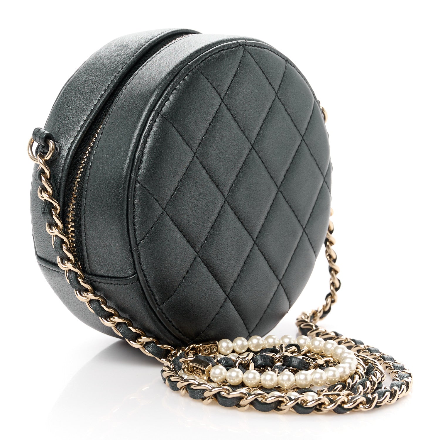Chanel Iridescent Lambskin Quilted Pearl Round Clutch With Chain Black 3 of 11