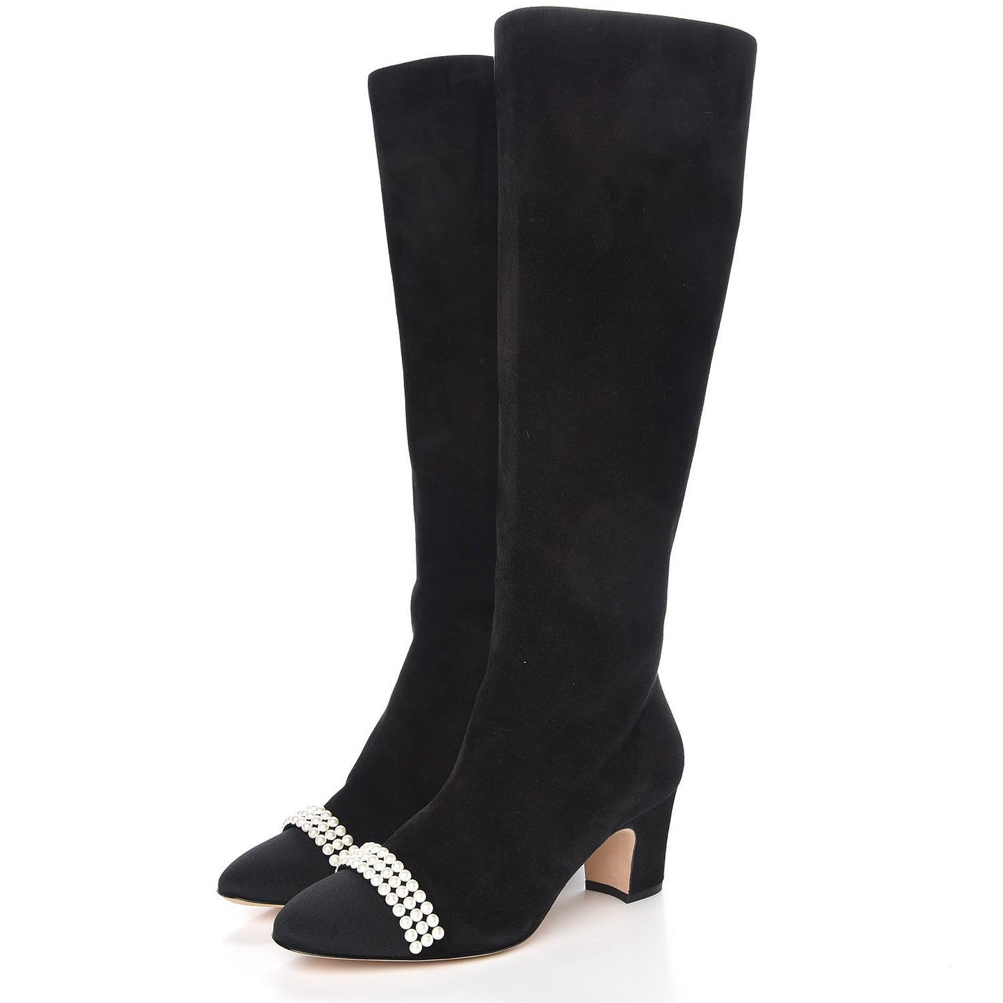 Suede Grosgrain Pearl CC Cap Toe High Boots 37 Black