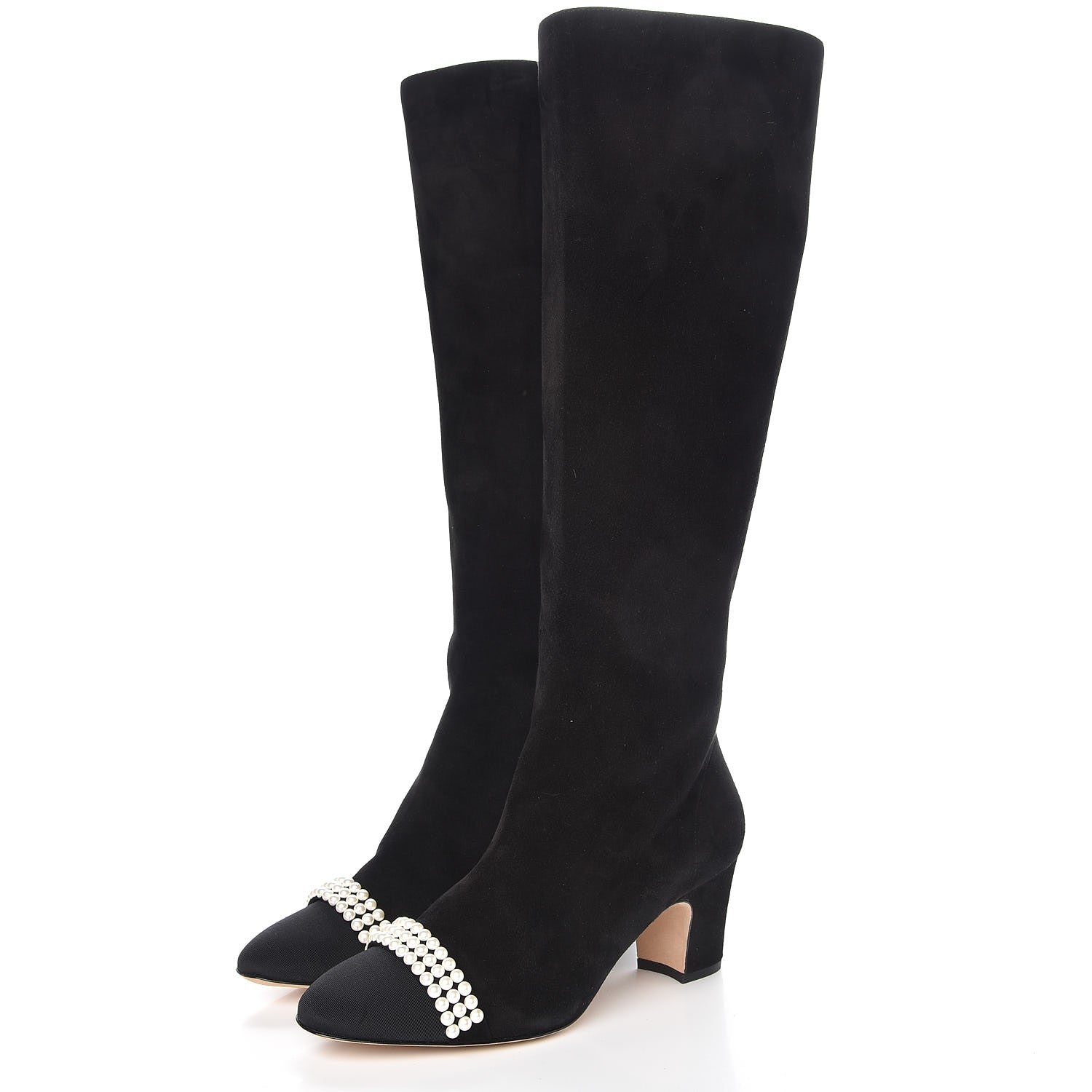 Chanel Suede Grosgrain Pearl CC Cap Toe High Boots 37 Black 2 of 9
