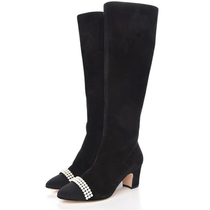 Chanel Suede Grosgrain Pearl CC Cap Toe High Boots 37 Black 2 of 9