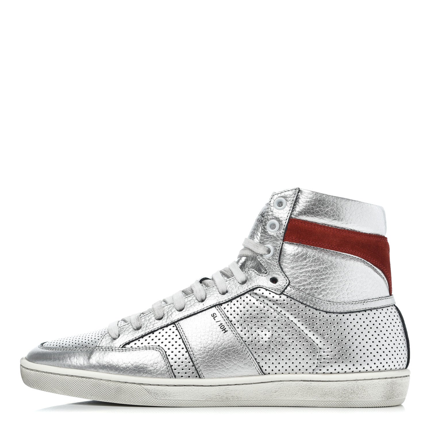 Saint Laurent Metallic Calfskin Perforated Court Classic SL/10H High Top Sneakers 41.5 Silver 1 of 17