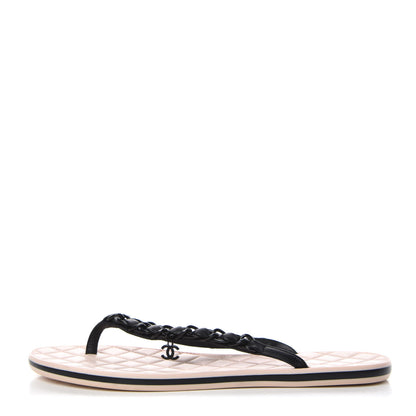 Chanel Calfskin Quilted Chain Thong Sandals 38 Black 1 of 14