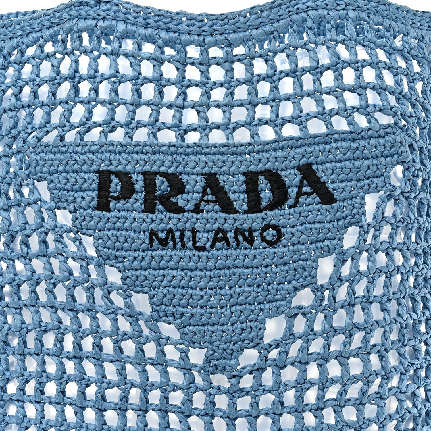 Prada Yarn Raffia Effect Crochet Logo Embroidered Tote Bag Celeste 7 of 9