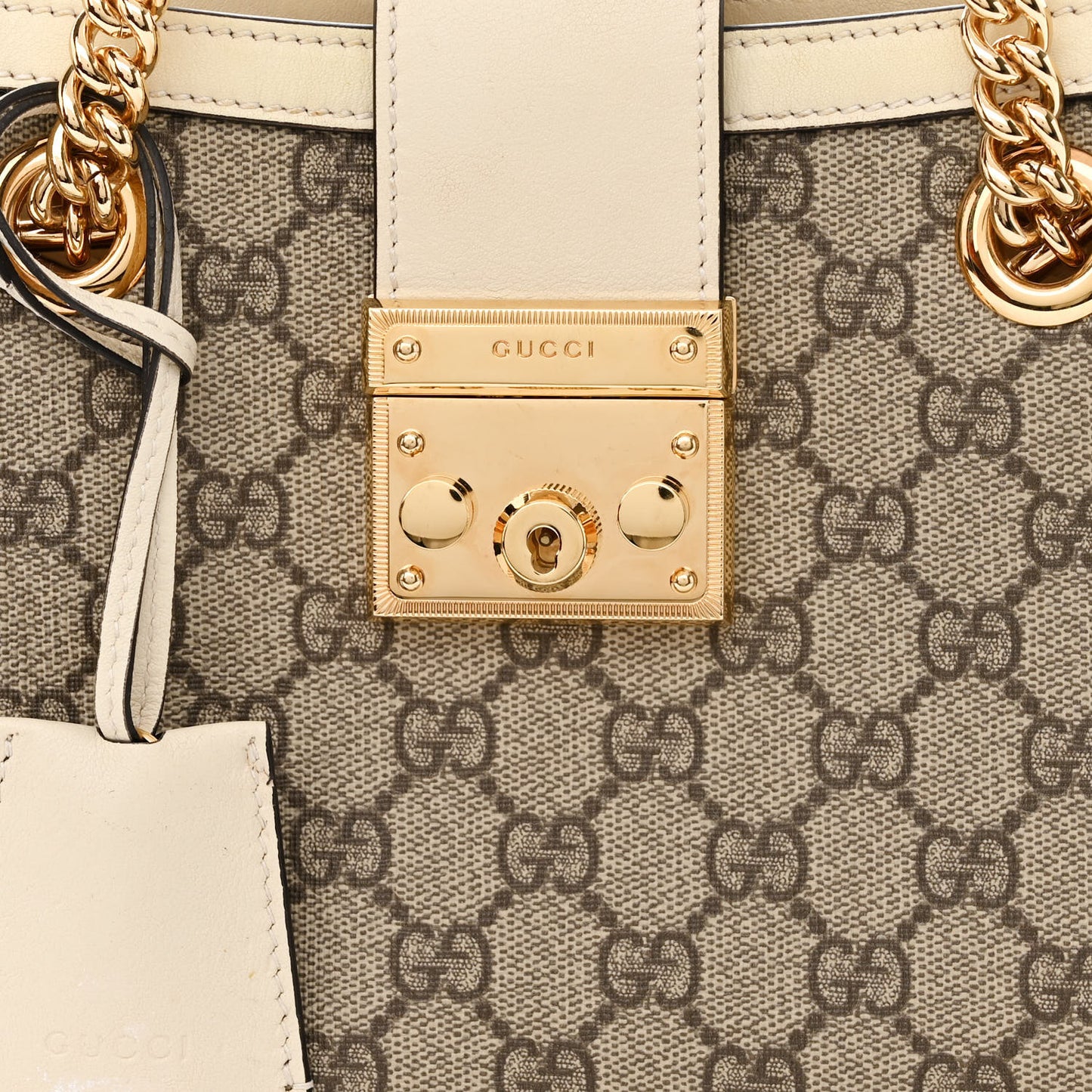 GG Supreme Monogram Moon Calfskin Small Padlock Tote Beige Ebony Mystic White