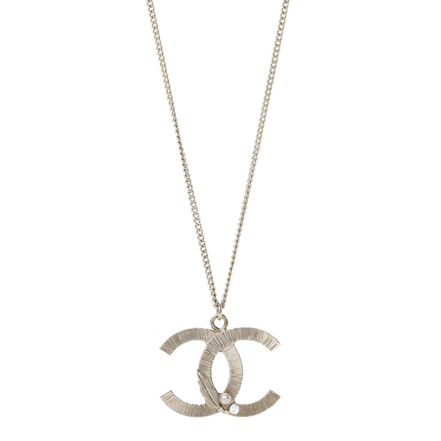 Pearl Crystal Feather CC Pendant Necklace Gold