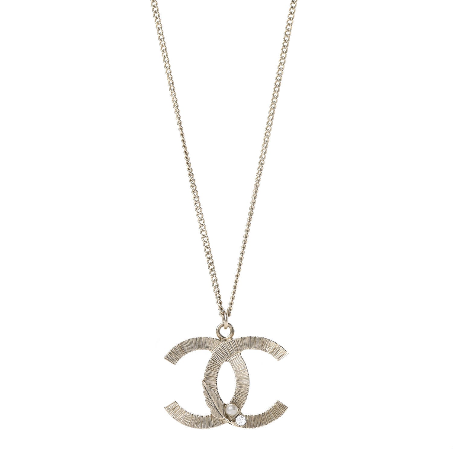 Chanel Pearl Crystal Feather CC Pendant Necklace Gold 1 of 5