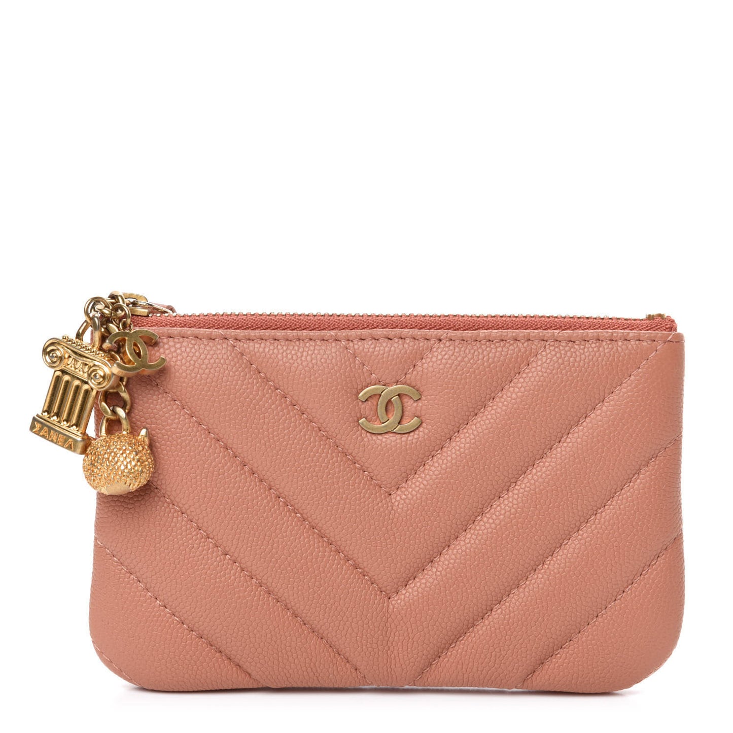 Caviar Chevron Quilted Small Ancient Greek Charms Cosmetic Case Dark Beige