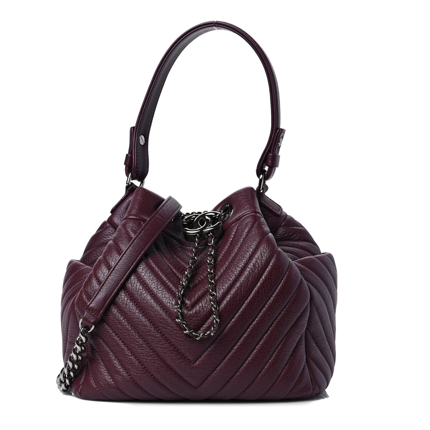 Deerskin Chevron Small CC Chain Bucket Bag Burgundy