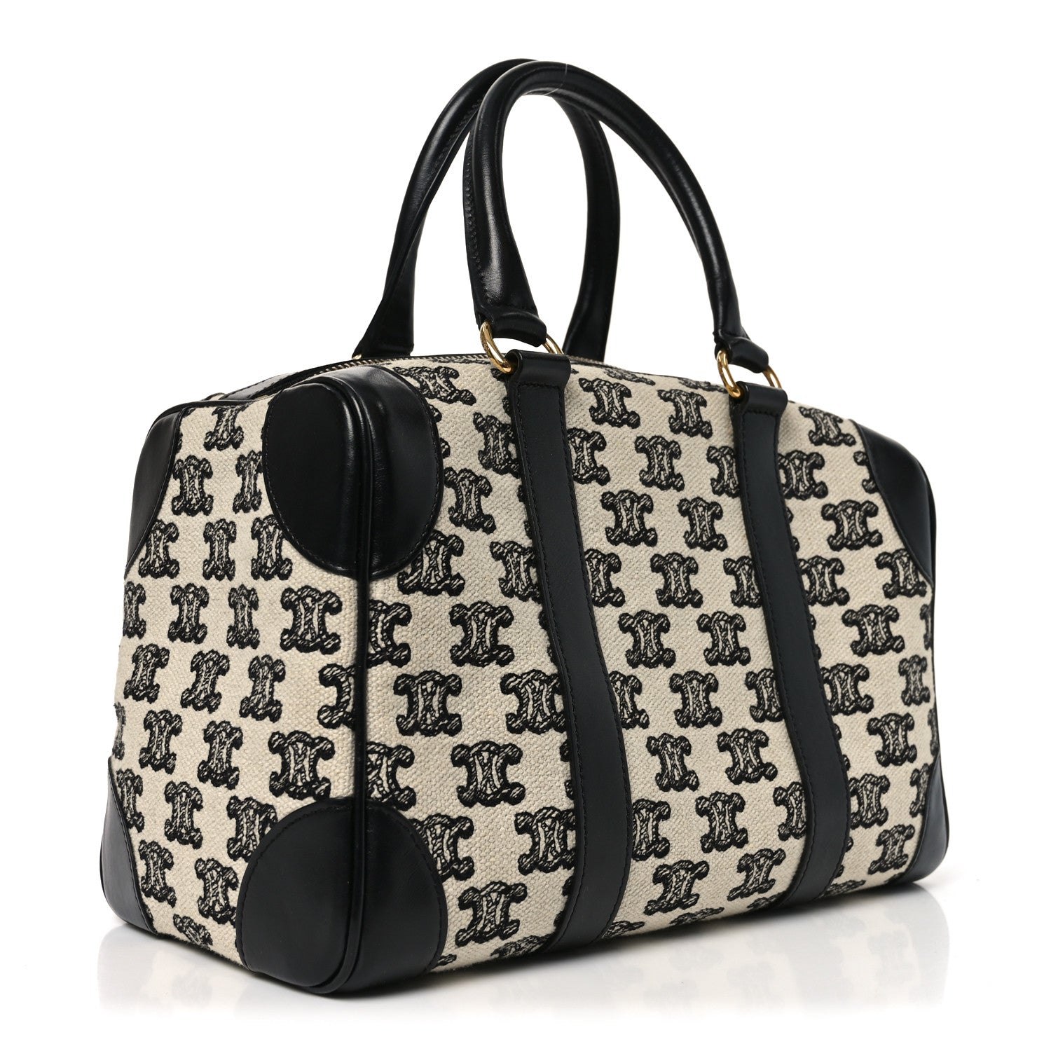 Celine Canvas Calfskin Triomphe Embroidered Boston Bag Black 3 of 9