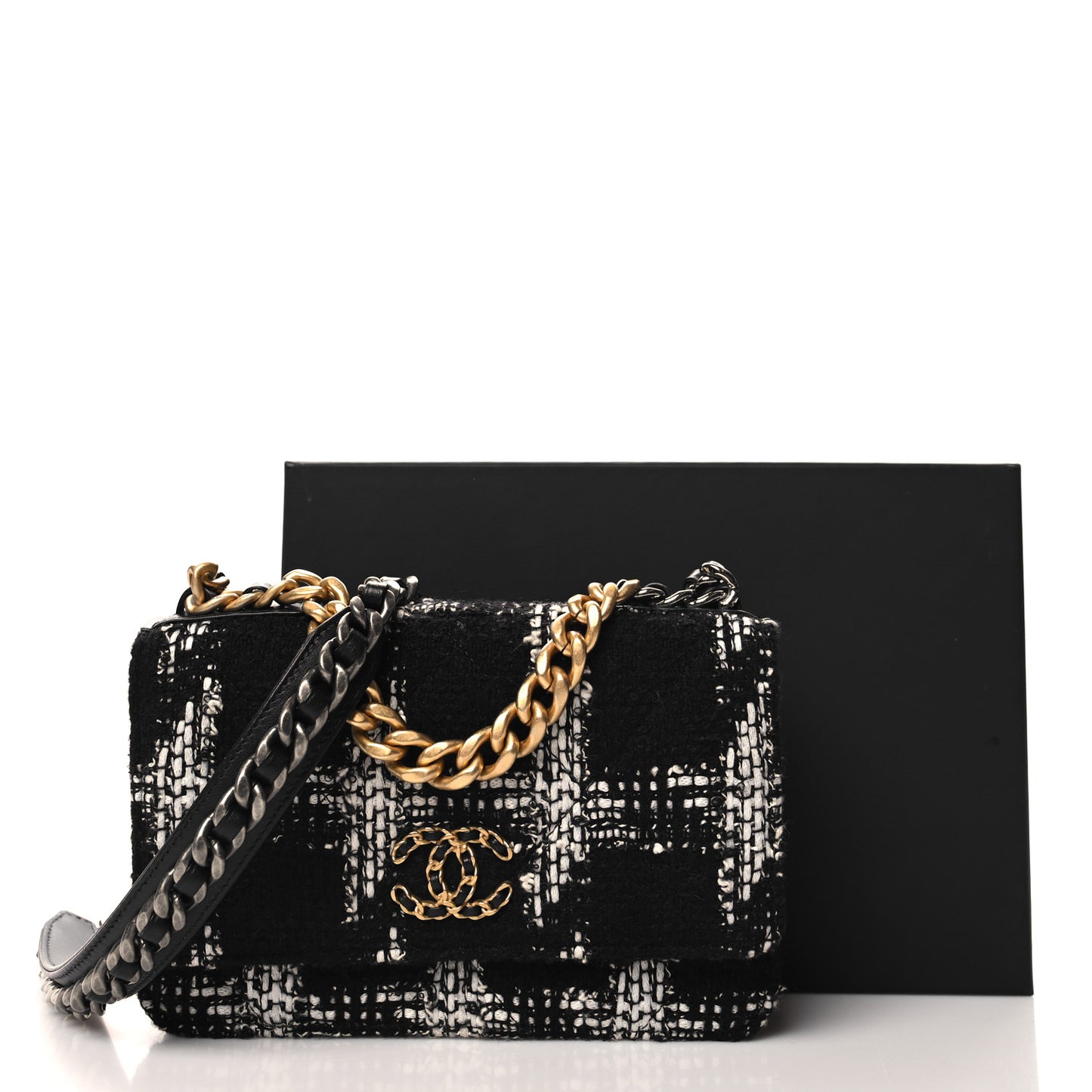 Tweed Quilted Chanel 19 Wallet On Chain WOC Black White