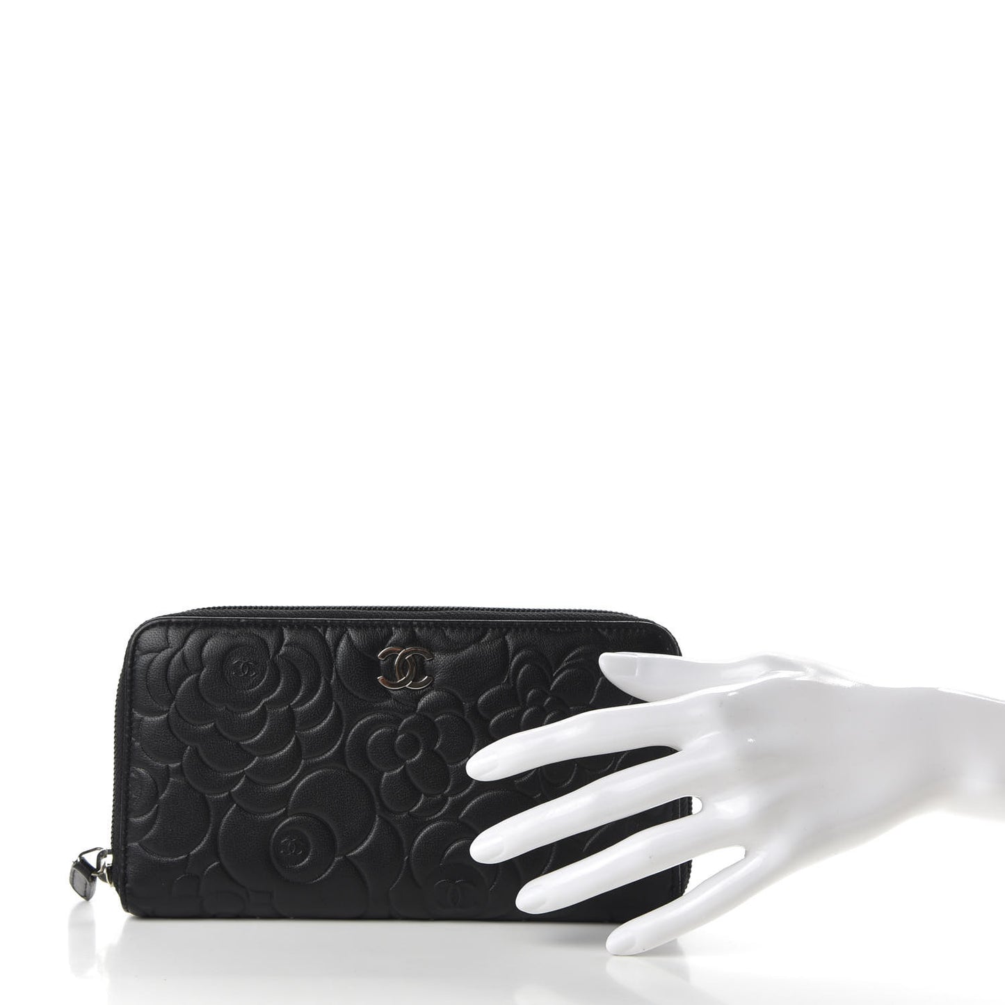 Lambskin Camellia Embossed Large Zip Around Gusset Wallet Black
