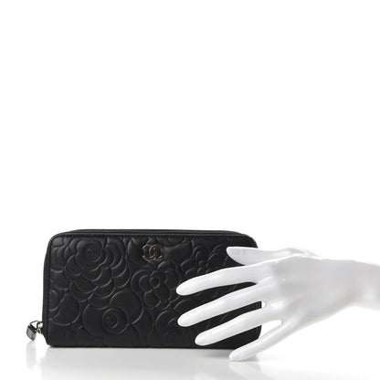 Chanel Lambskin Camellia Embossed Large Zip Around Gusset Wallet Black 2 of 8