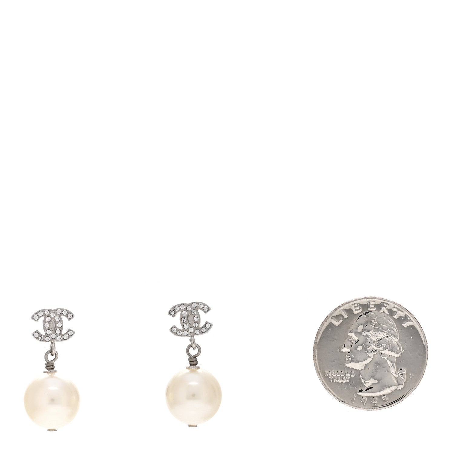 Chanel Crystal Pearl CC Drop Earrings Silver Pearly White 2 of 4