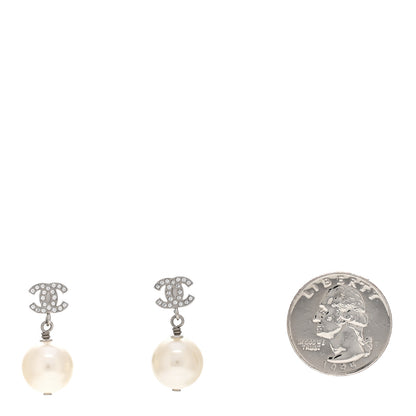 Chanel Crystal Pearl CC Drop Earrings Silver Pearly White 2 of 4