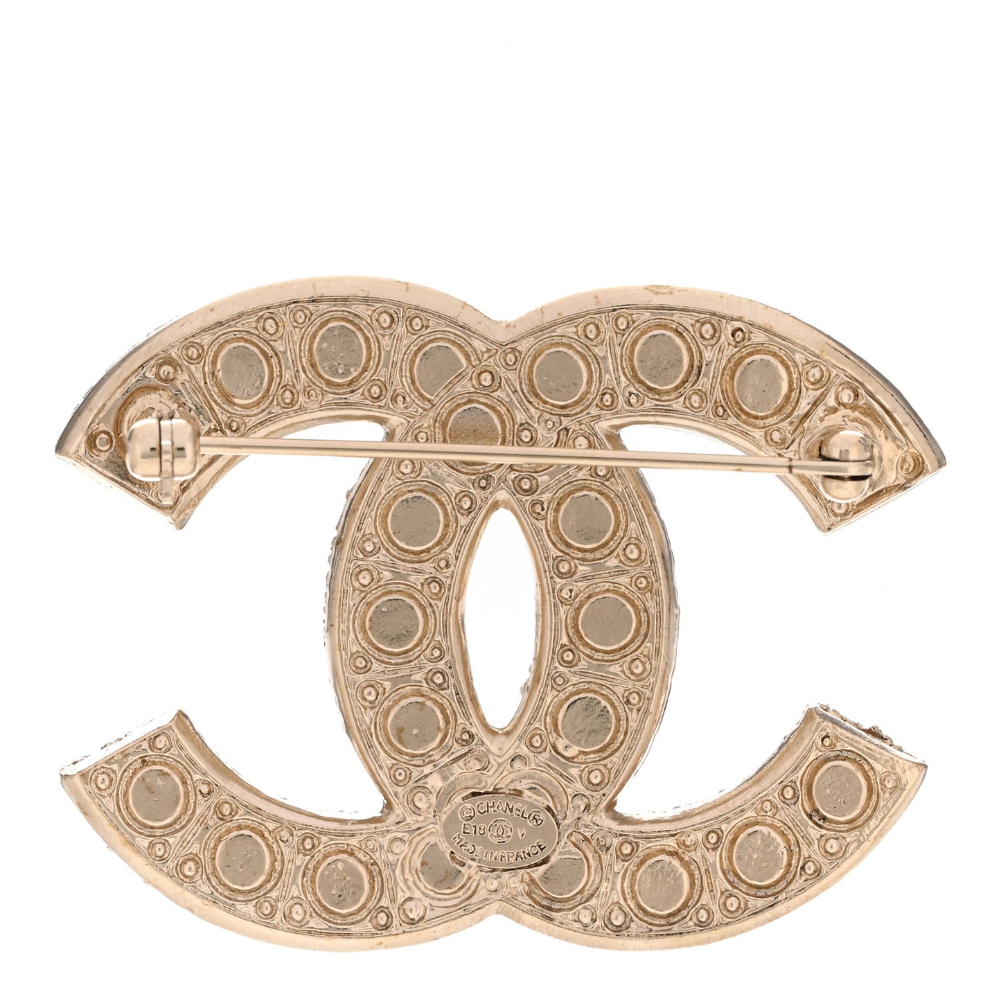 Metal Crystal Graduated Pearl CC Brooch Gold