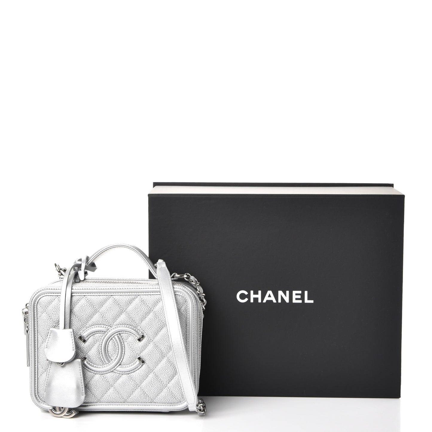 Metallic Caviar Quilted Medium CC Filigree Vanity Case Silver
