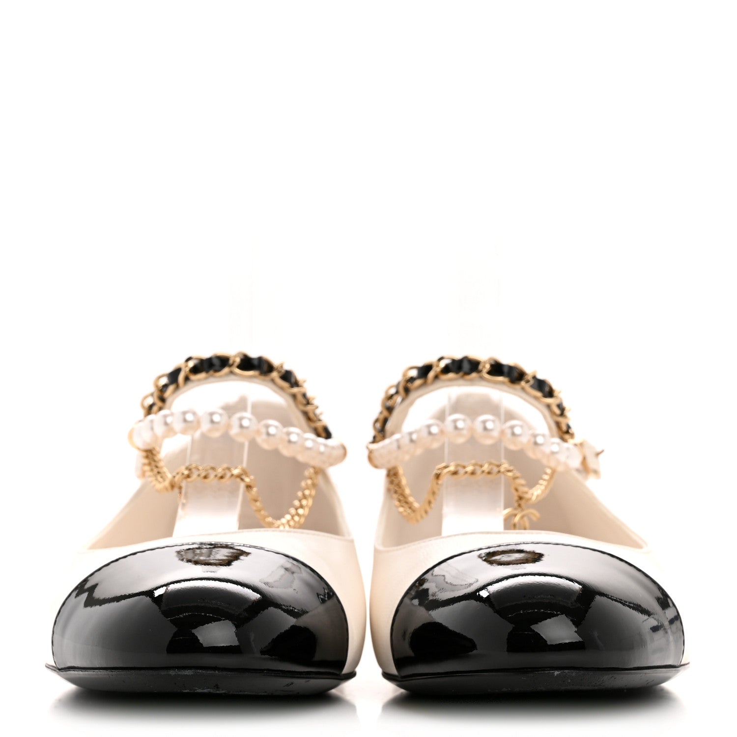 Chanel Shiny Lambskin Pearl Cap Toe Ankle Chain Ballerina Flats 38