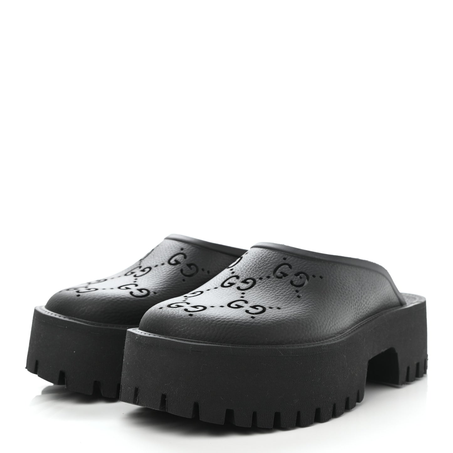Rubber GG Monogram Perforated Elea Platform 55mm Lug Sole Sandals 38 Black