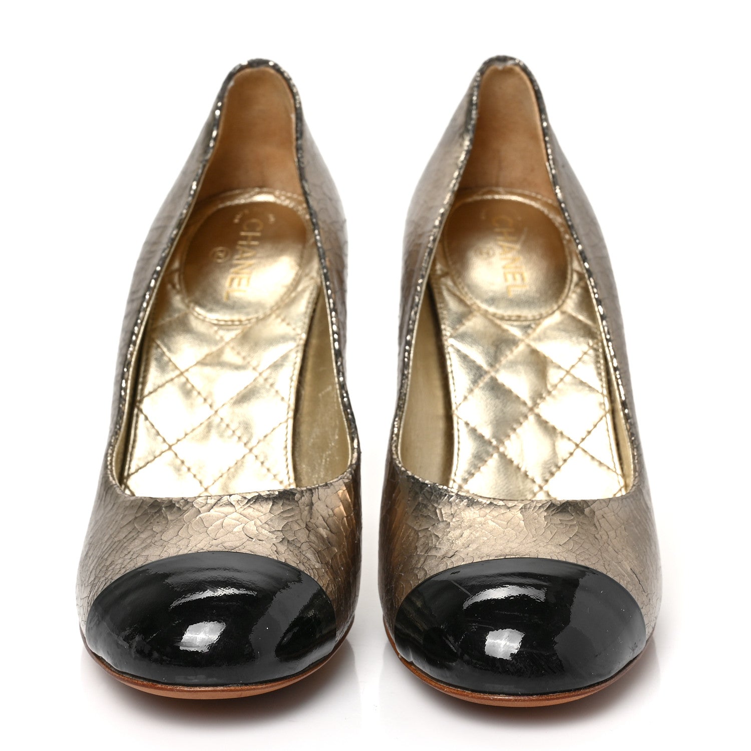 Chanel Metallic Crackled Goatskin Patent Cap Toe Pearl Pumps 38 Gold Black 2 of 10