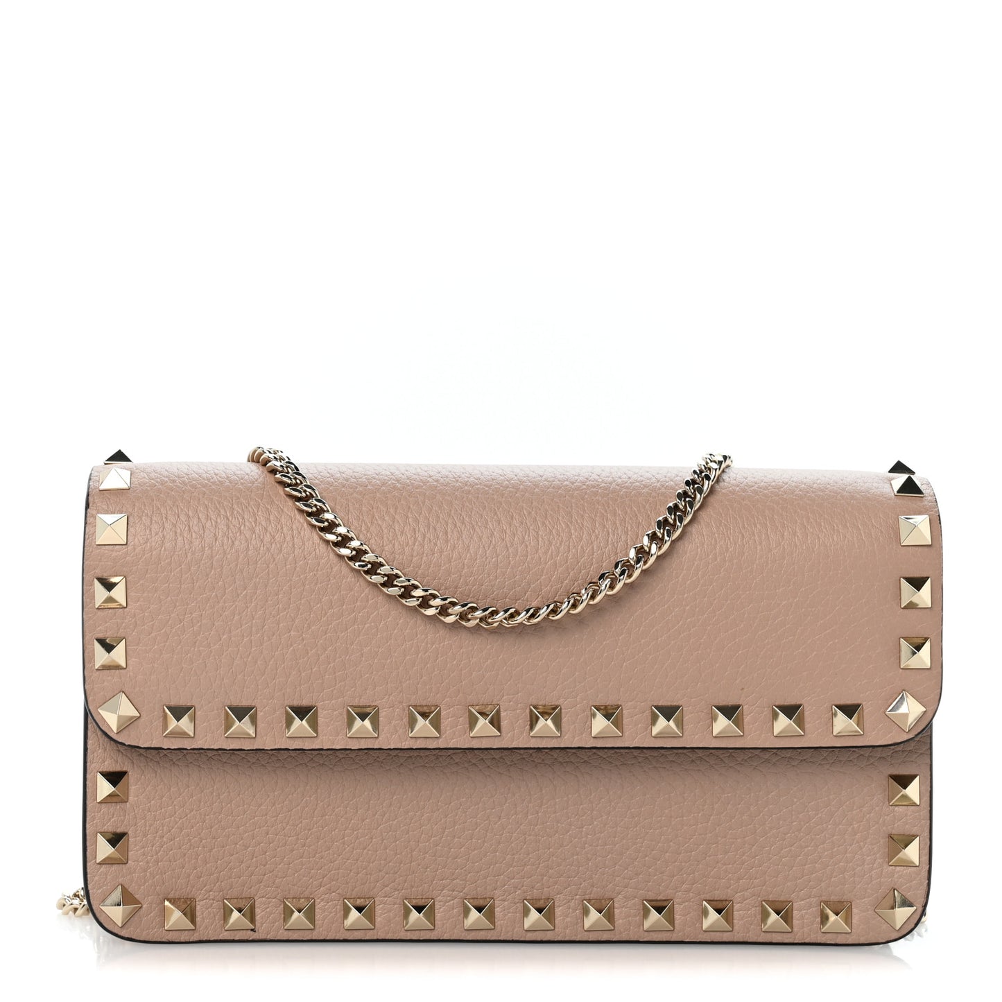 Pebbled Calfskin Rockstud Flap Wallet On Chain Poudre