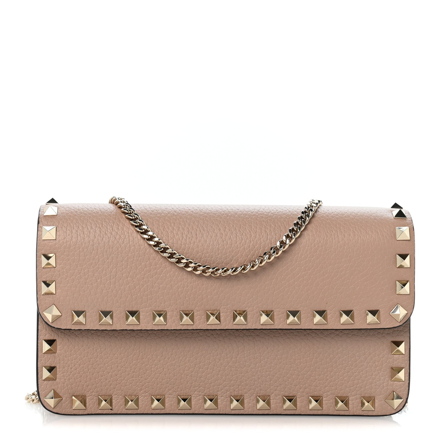 Valentino Garavani Pebbled Calfskin Rockstud Flap Wallet On Chain Poudre 1 of 12