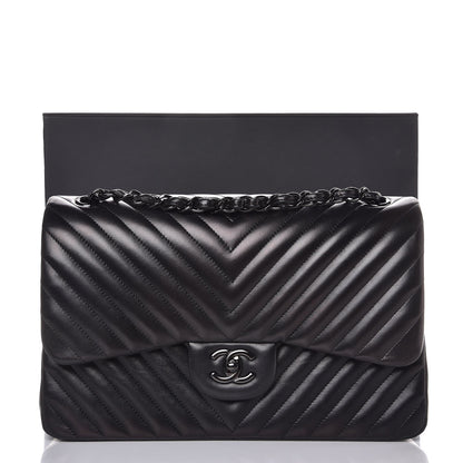 Chanel Lambskin Chevron Quilted Jumbo Double Flap So Black 9 of 9
