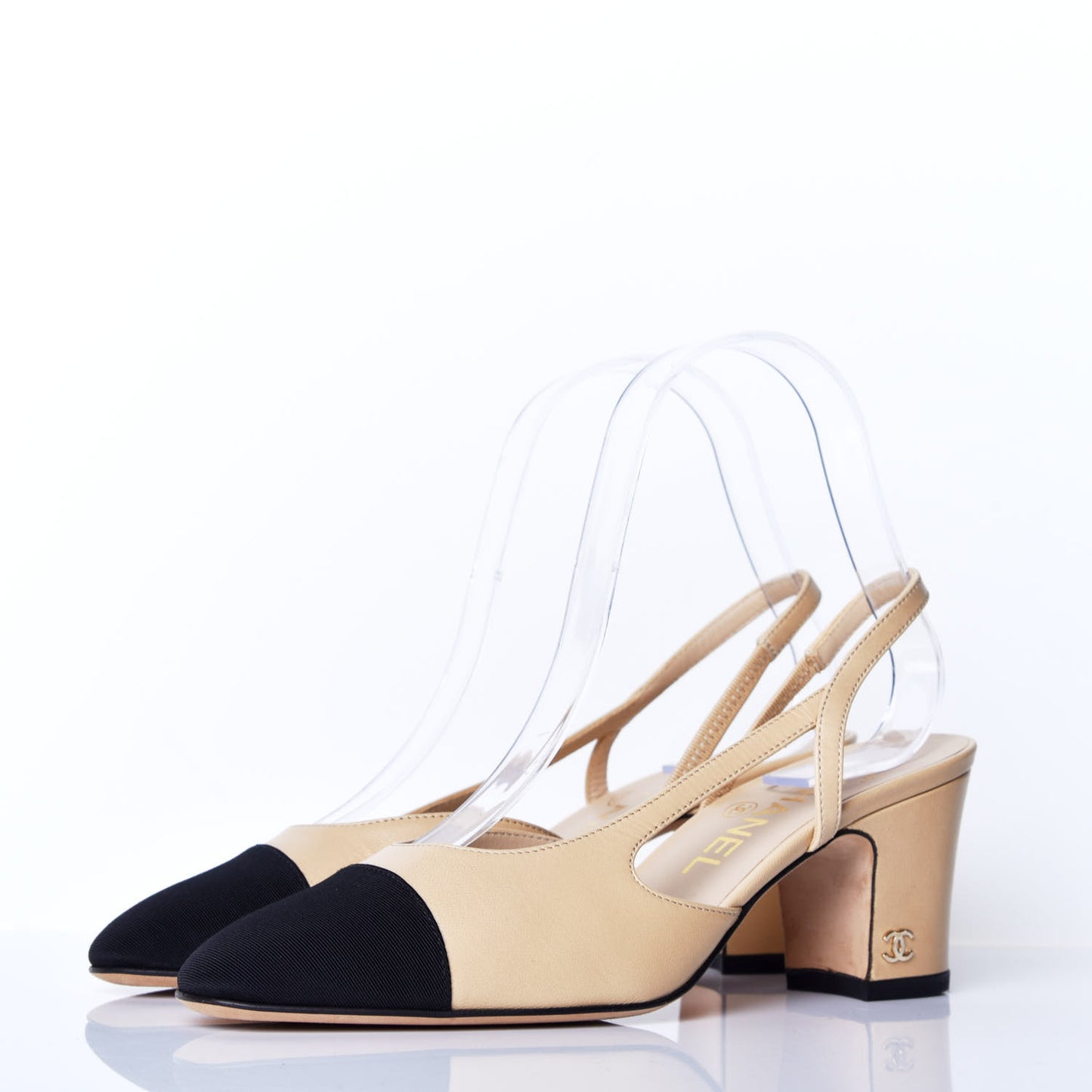 Goatskin Grosgrain Cap Toe CC Slingback Pumps 35 Beige Black