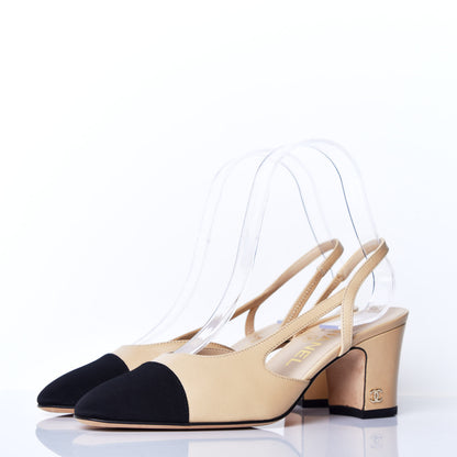 Chanel Goatskin Grosgrain Cap Toe CC Slingback Pumps 35 Beige Black 3 of 9