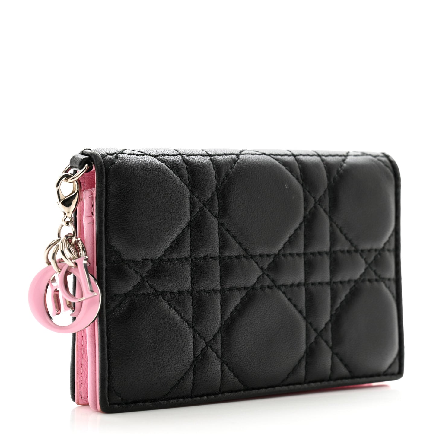 Lambskin Cannage Bi-Color Small Lady Dior Flap Card Holder Black Pink