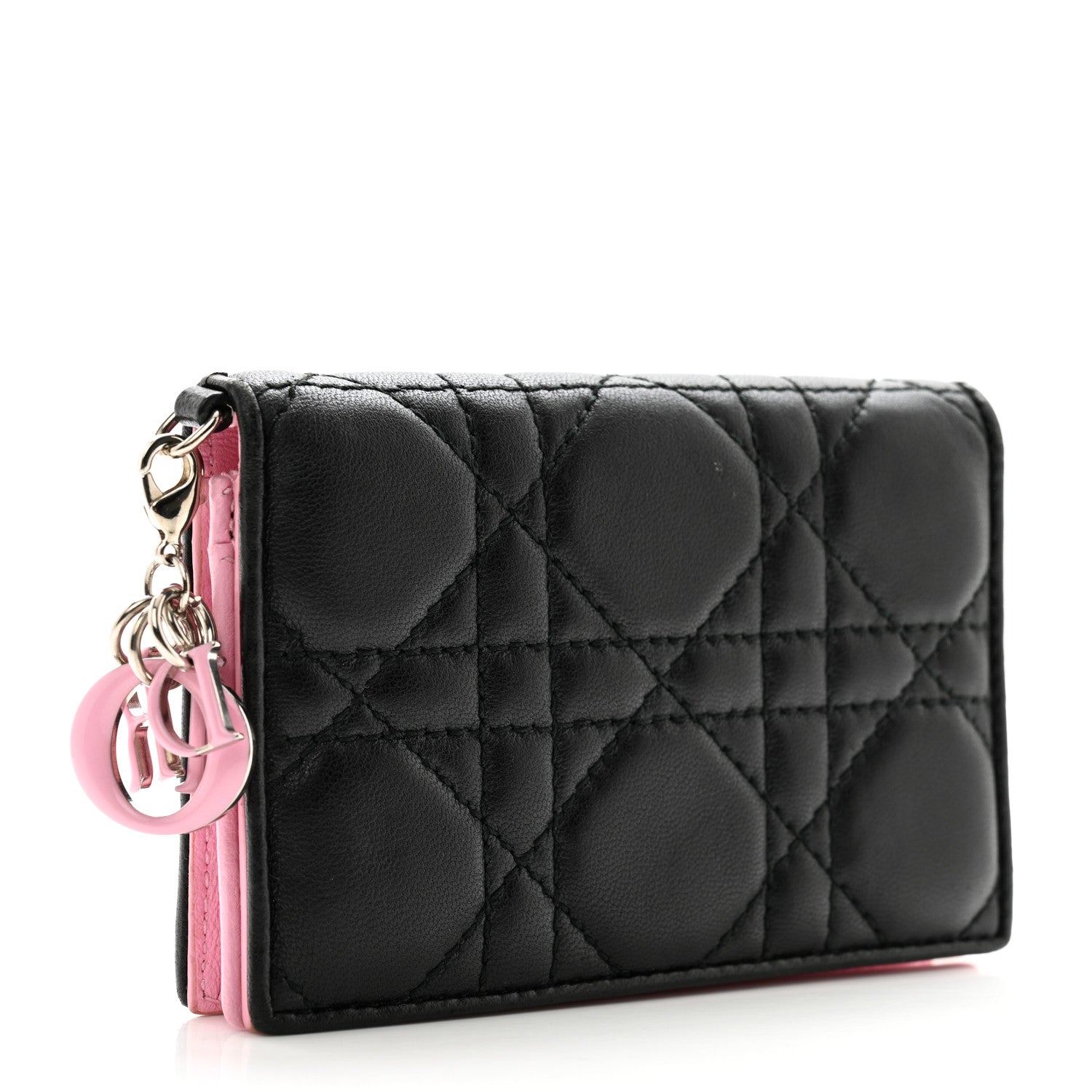 Christian Dior Lambskin Cannage Bi-Color Small Lady Dior Flap Card Holder Black Pink 3 of 13