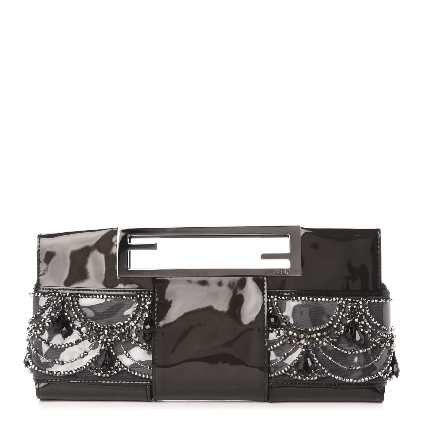 Patent Embellished Cutout Baguette Clutch Black