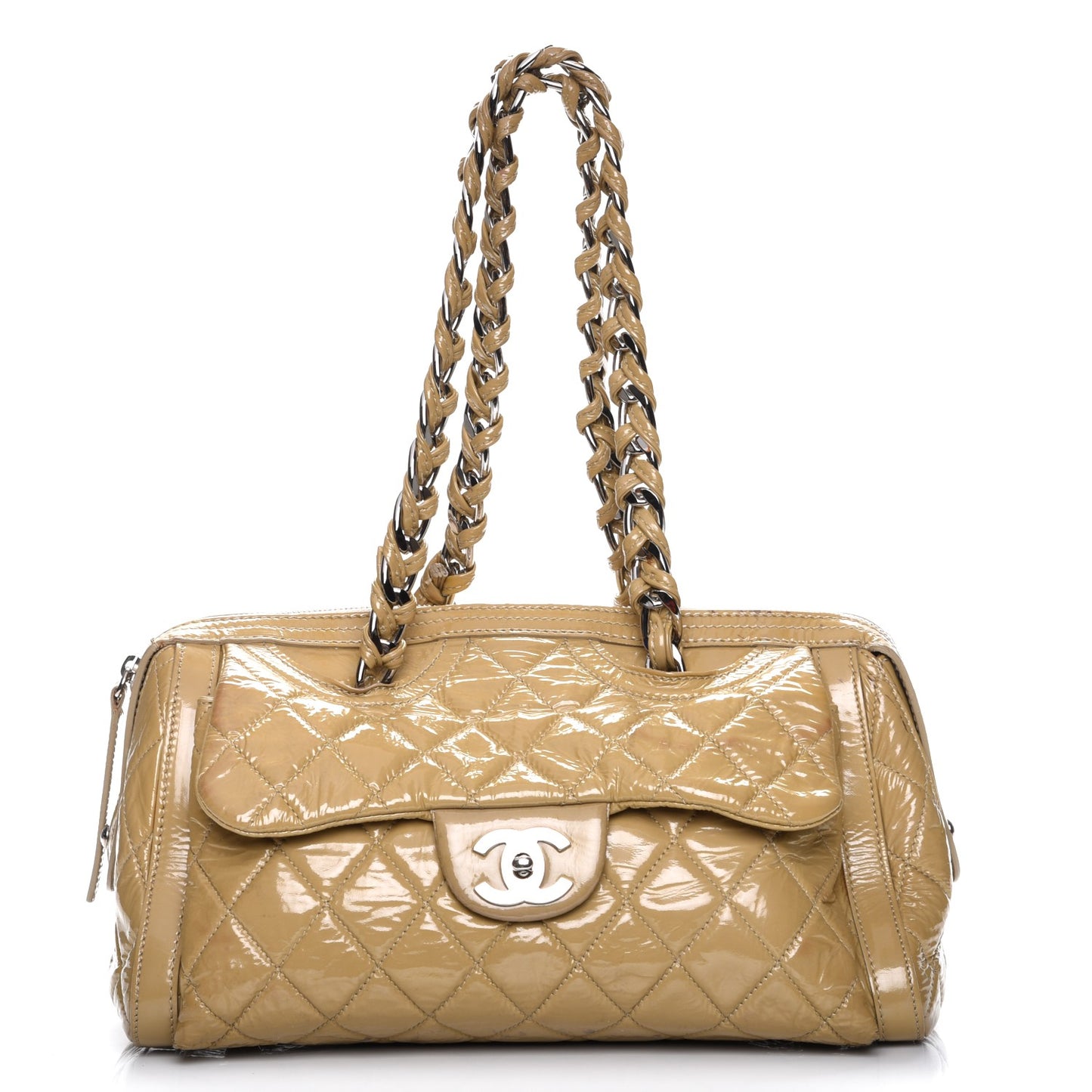 Patent Quilted Day Glo Flap Bag Beige
