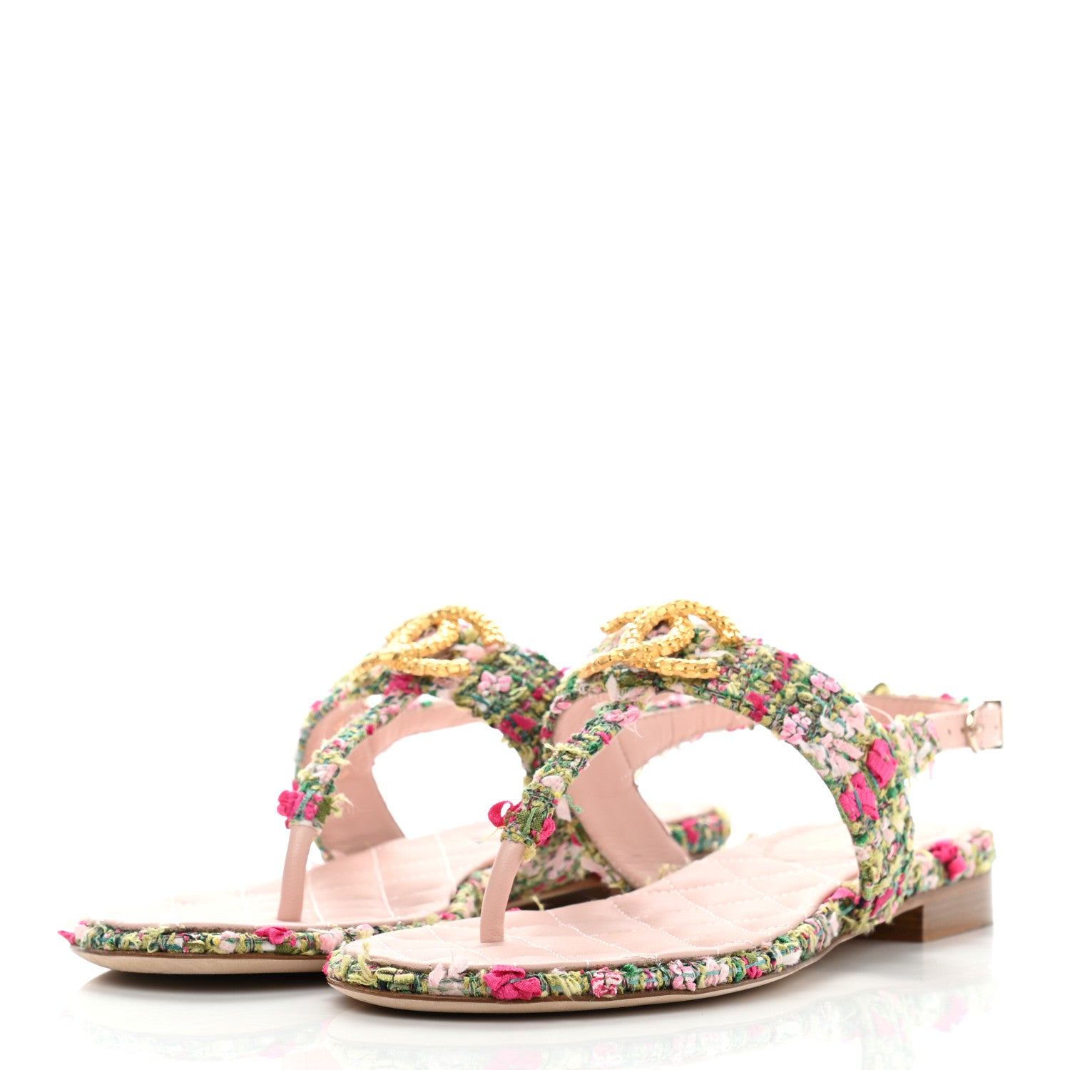 Chanel Tweed CC Logo Thong Sandals 37.5 Green Pink White 3 of 9