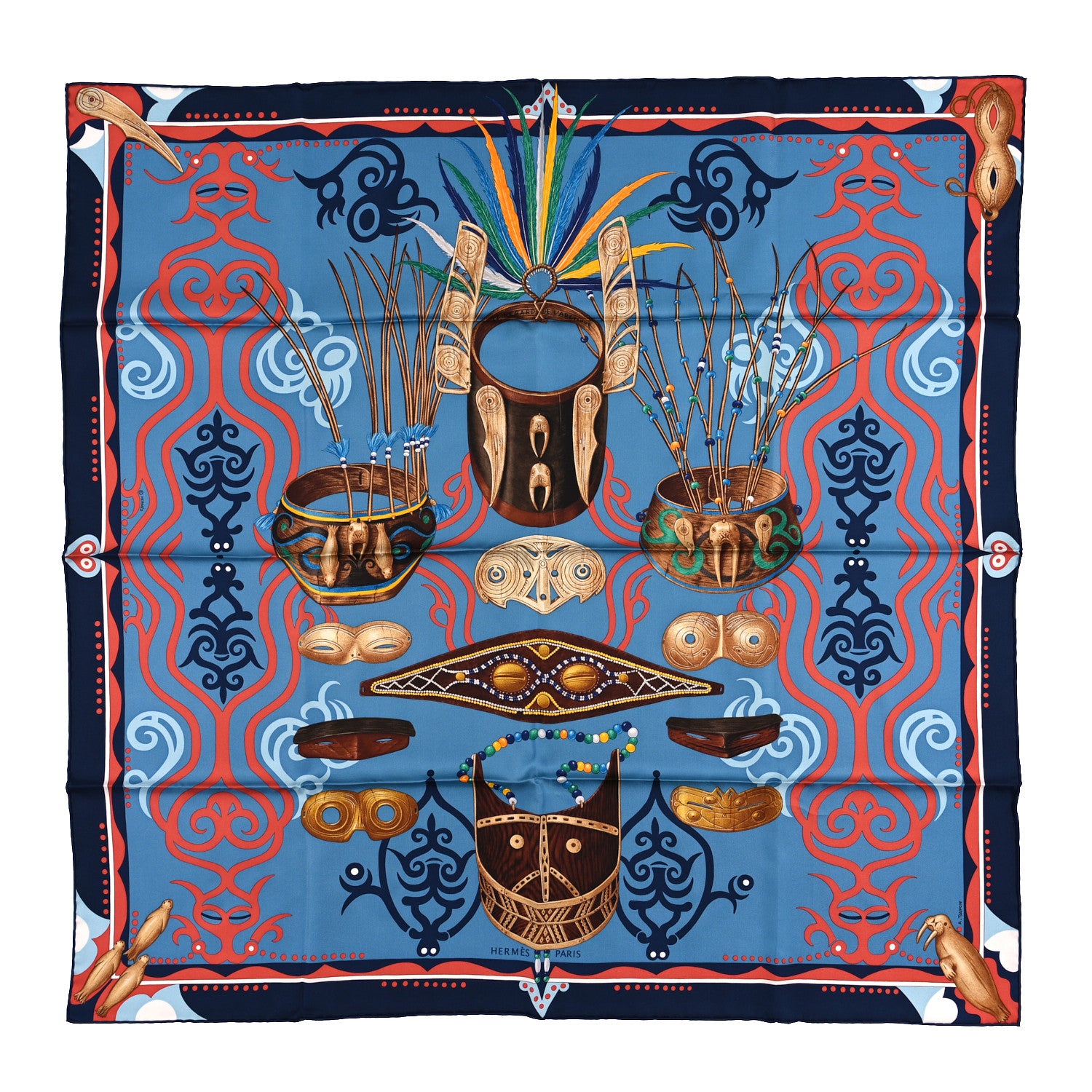 Hermes Silk Le Regard de l'Arctique Scarf 90 Marine Bleu Jean Tangerine 1 of 3