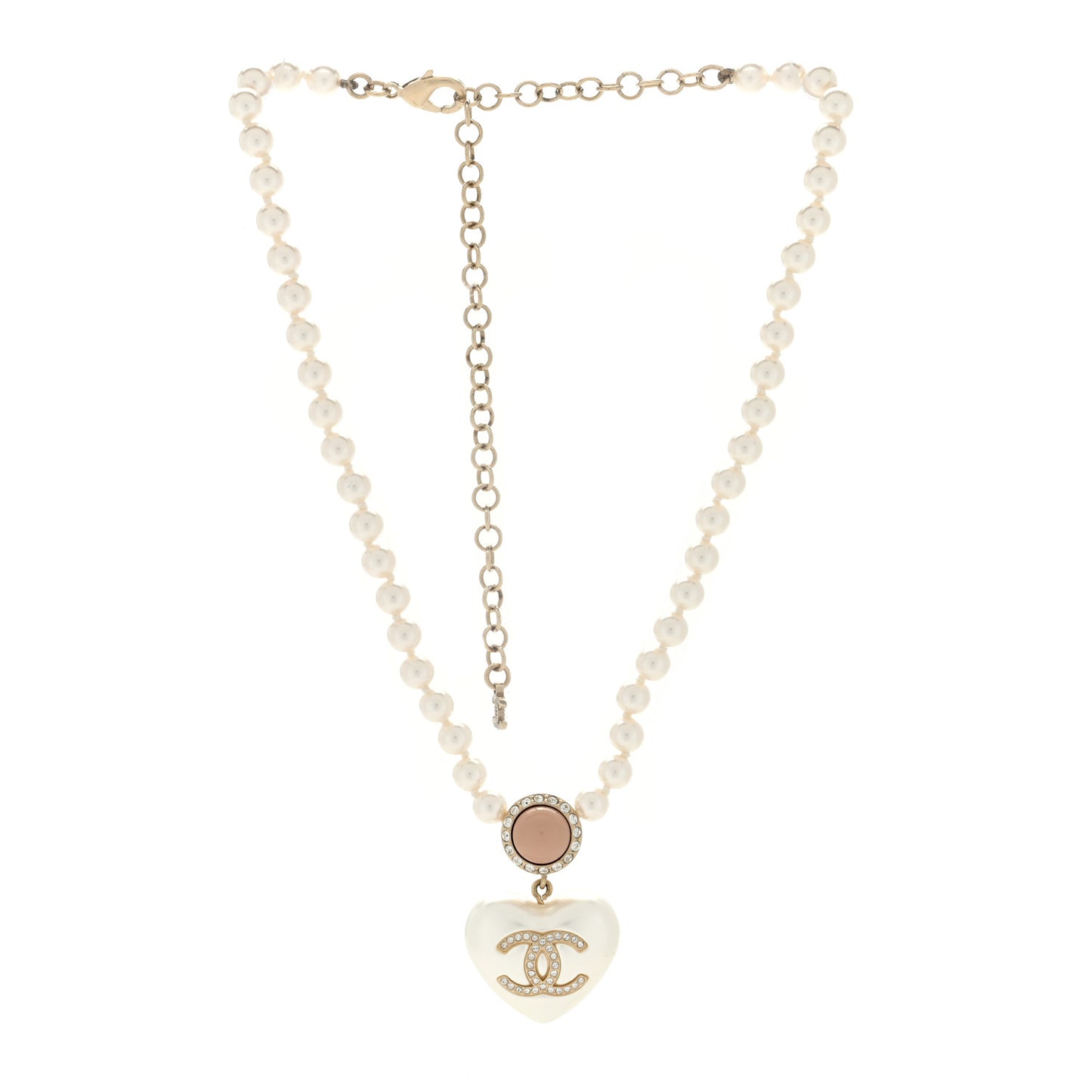 Pearl Crystal CC Heart Short Necklace Gold Pearly White Pink