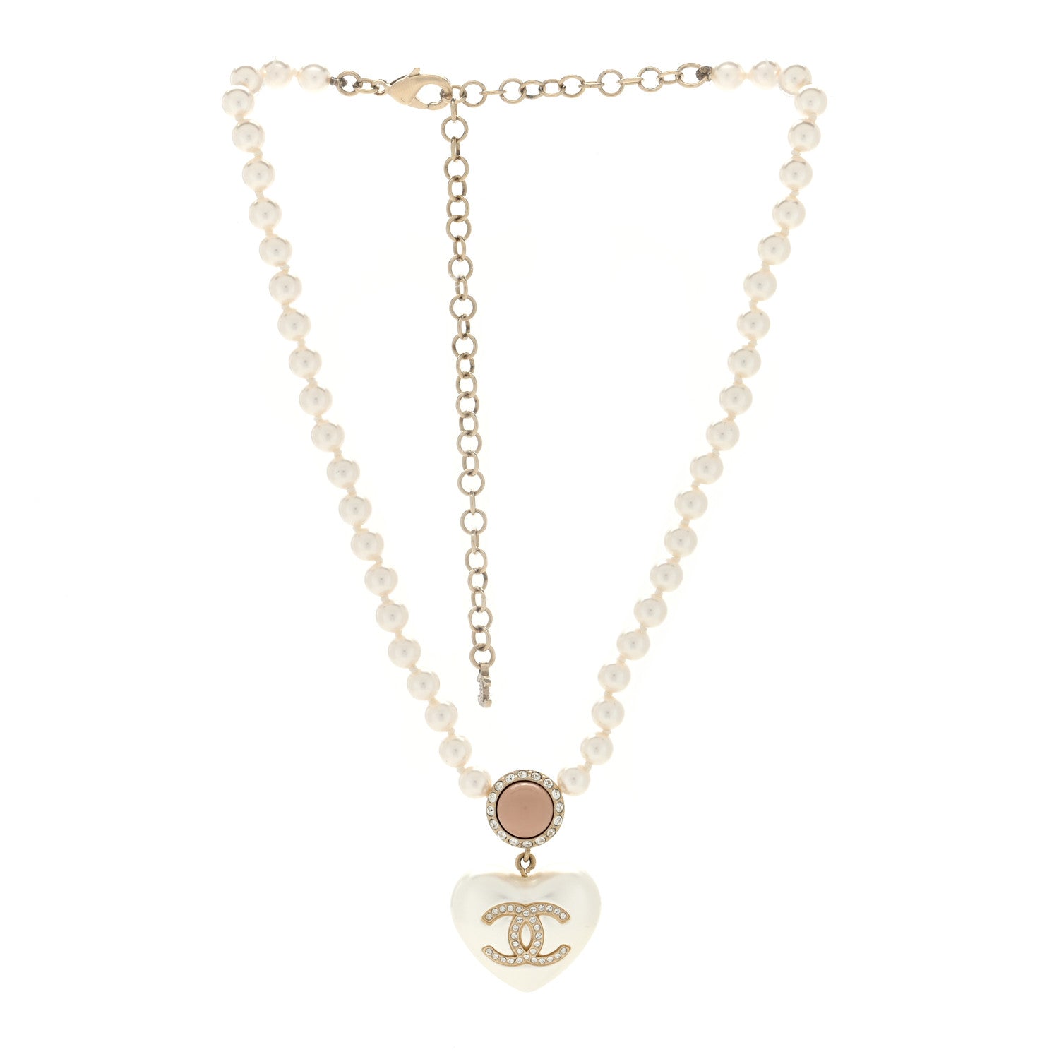 Chanel Pearl Crystal CC Heart Short Necklace Gold Pearly White Pink 2 of 5