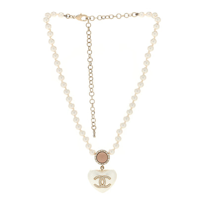 Chanel Pearl Crystal CC Heart Short Necklace Gold Pearly White Pink 2 of 5