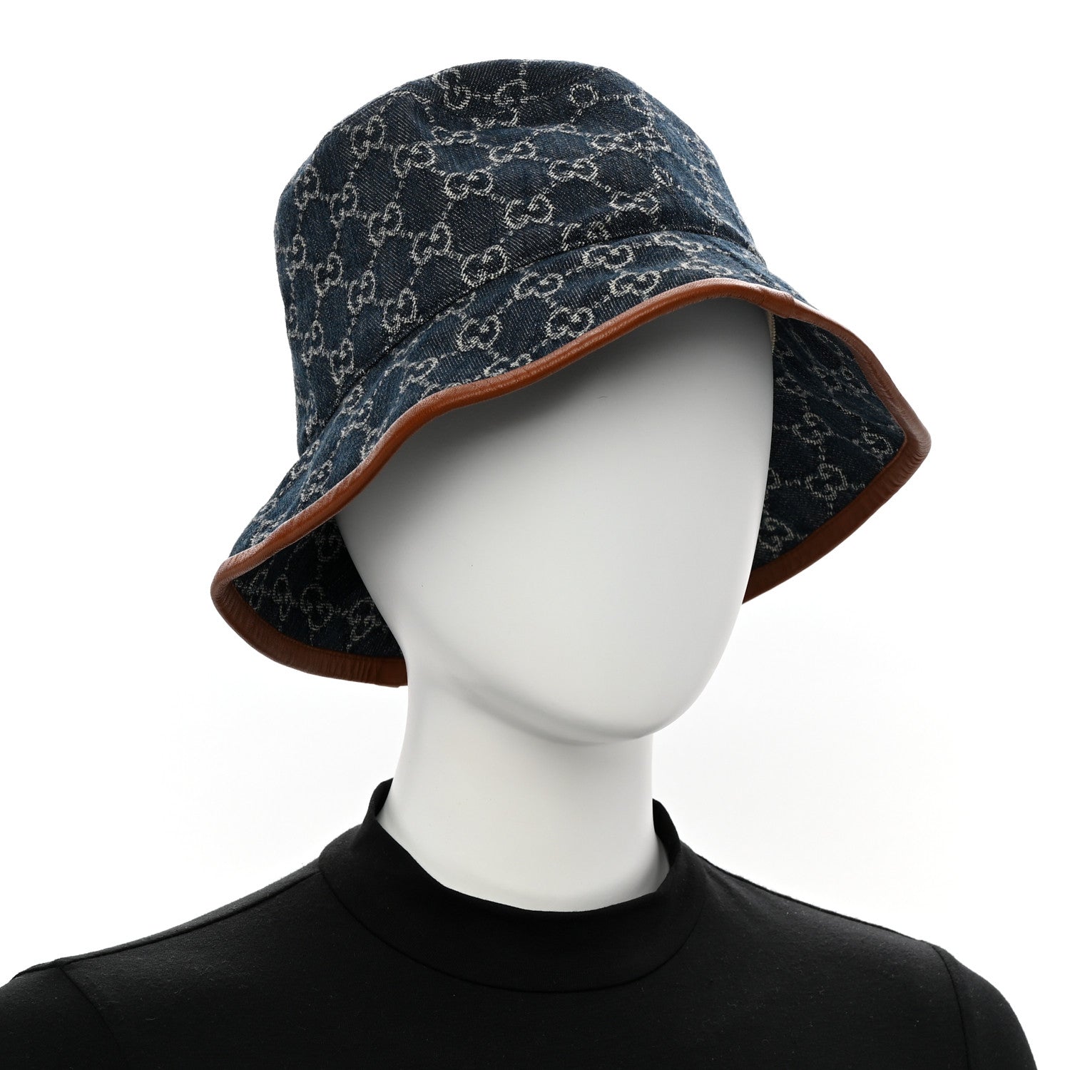 Gucci Washed Jacquard Denim Nappa GG Monogram Oscar Bucket Hat M Denim Cuir 2 of 9
