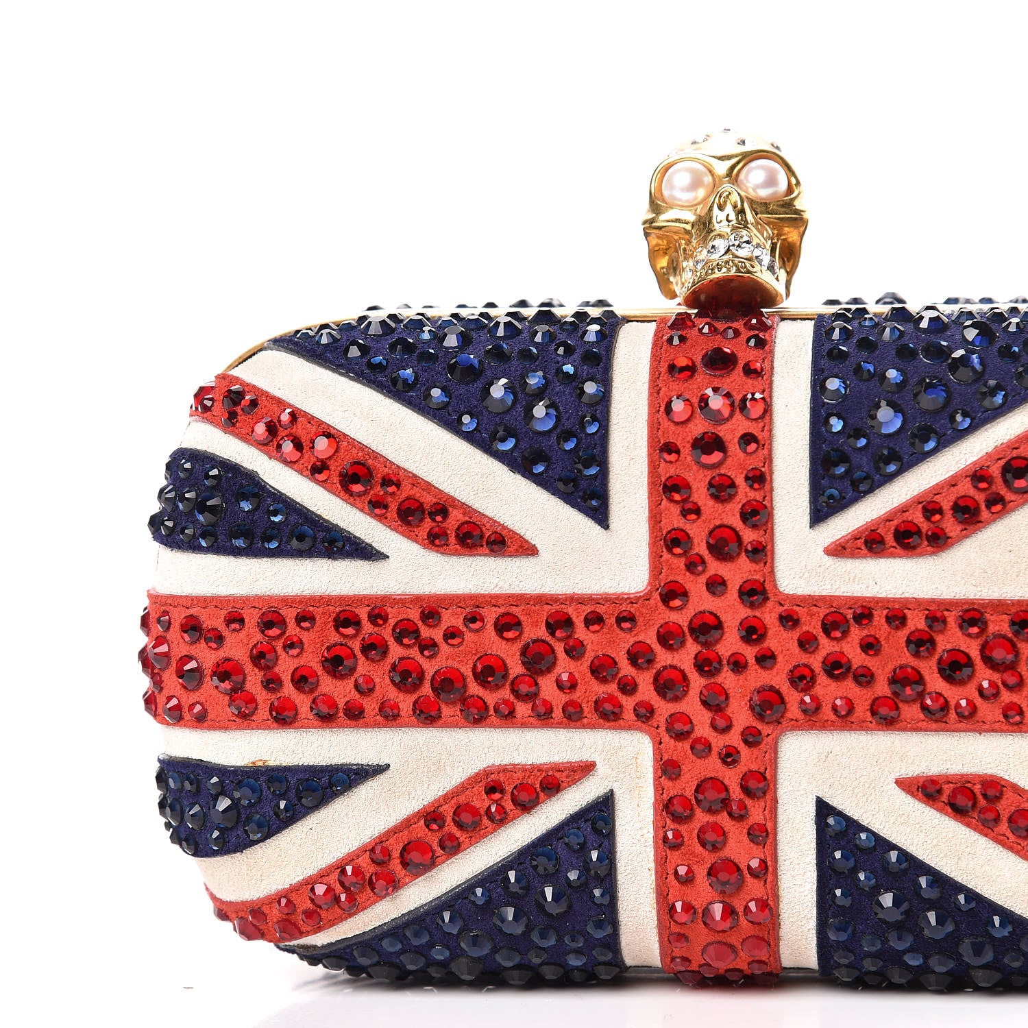 Alexander McQueen Suede Swarovski Crystal Pearl Britannia Skull Box Clutch Red Blue 12 of 13